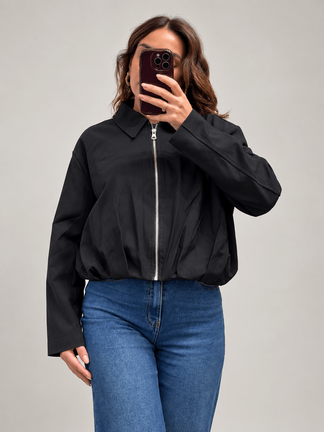 Bomber con Collo a Camicia e Zip - immagine 2