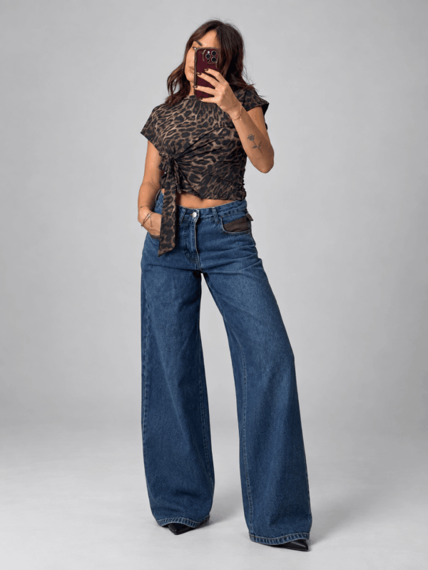 Jeans Wide Leg in Denim con Taschino a Contrasto