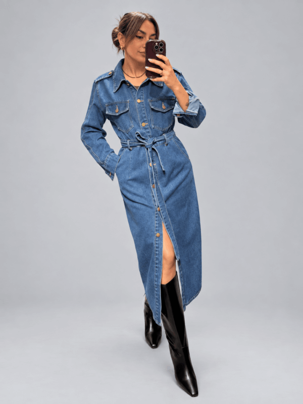 Abito Lungo Chemisier in Denim con Cintura