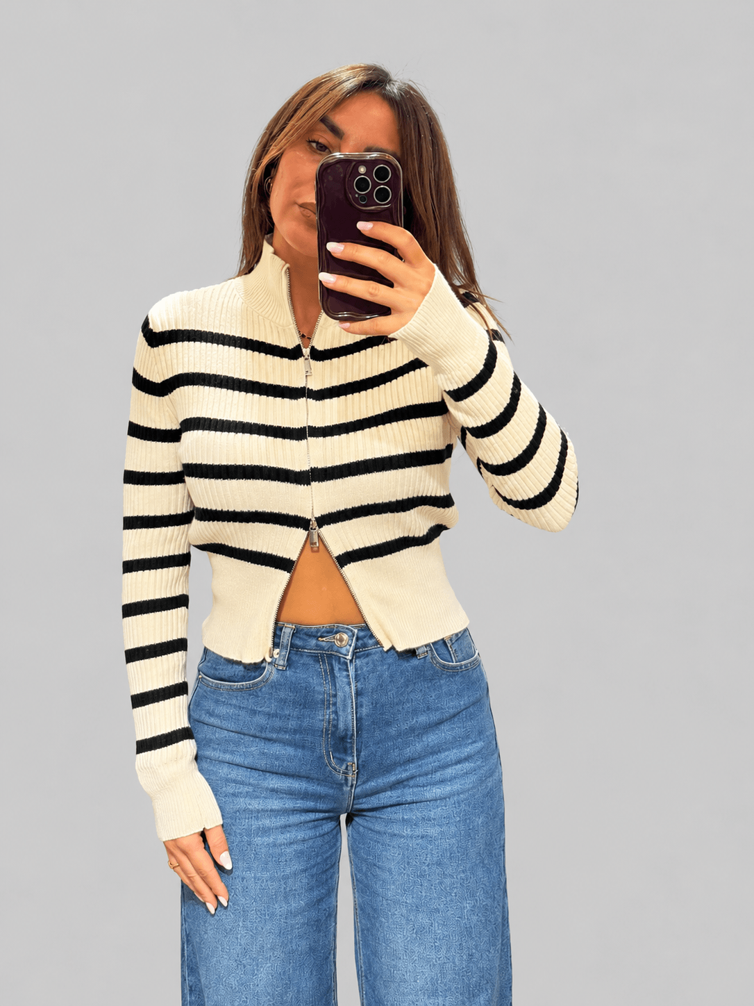 Cardigan a Costine con Zip a Doppio Cursore