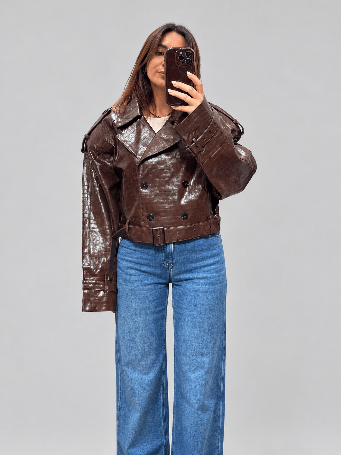 Giacca Oversize Effetto Coccodrillo Marrone - immagine 2