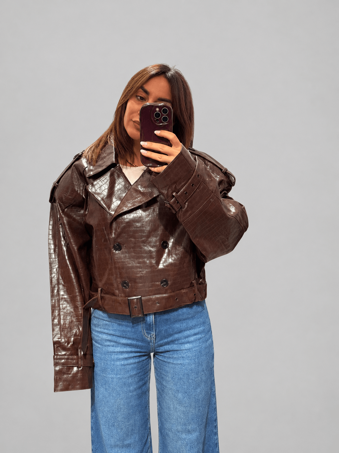Giacca Oversize Effetto Coccodrillo Marrone